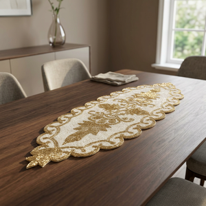 Camino de Mesa Clásico Bordado con Flores y Ribete Dorado para Decoración del Hogar - Product Image 5
