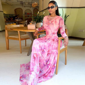 Novo Vestido Feminino <span class=keywords><strong>2026</strong></span> com Estampa Fresca, Bloco de Cores, Cintura Franzida, Ajuste Fino e Saia Evasê para Festas ao Ar Livre - Product Image 2