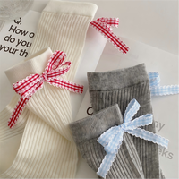 Chaussettes côtelées à nœud pour femme, avec délicat accent de nœud à carreaux, douces, extensibles, confortables, décontractées, style streetwear, tendance