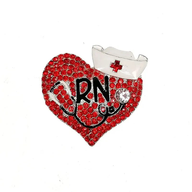 Red Rhinestone RN Medical Nurse Flat Stethoscope with Nurse Hat Button For DIY Badge Holder