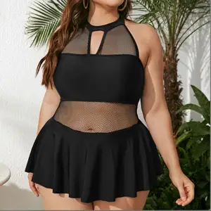 Custom High Quality Sexy Plus Size Black One Piece Bikini Beachwear Halter Bandeau Swimsuit Women Mesh Skirt Swimwear