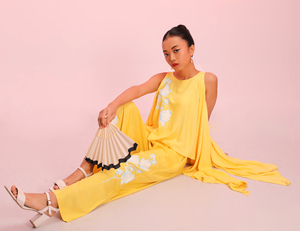 Caftán amarillo sin mangas con bordado floral para mujer, corte holgado, informal, elegante, para fiestas, túnica coordinada. - Product Image 5