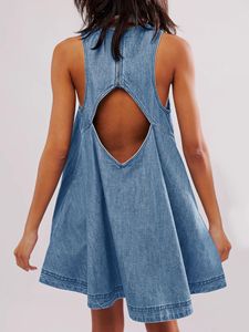 Mini Vestido vaquero azul elegante de verano para mujer, lavable, corto, sin mangas, sin espalda, de cintura alta, informal, Sexy, estilo <span class=keywords><strong>Vintage</strong></span> - Product Image 3