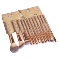 Ensemble de 12 pinceaux de maquillage de luxe à manche en bois avec strass pour fard à paupières, poudre libre, éclaircissement et contouring - Idéal pour les débutants