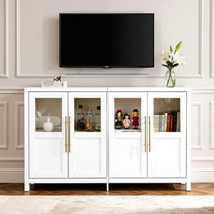 Armoire de rangement moderne en bois massif à 4 portes avec portes en verre et poignées dorées pour salon et salle à manger - Product Image 1