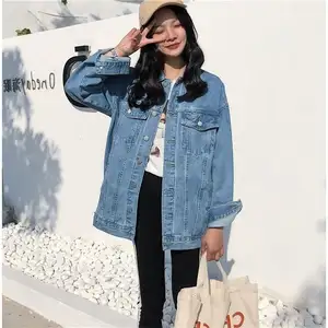 Jaket Jins Wanita Kerah Rebah Warna Biru, Mantel Luaran Longgar Kasual Modis Feminin