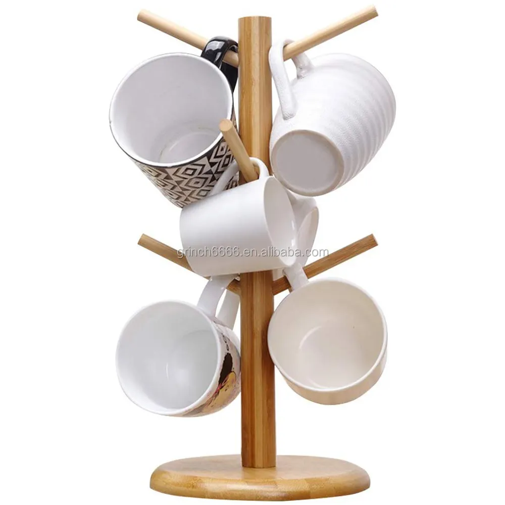 Бамбуковая подставка для кружек, держатель для кружек кофе из органического бамбука, подставка с крючком, сушилка для кофейных чашек с 6 крючками