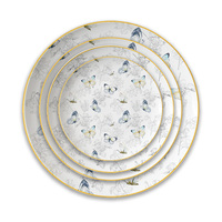 Service de table de luxe en or véritable, motif papillon bleu, en porcelaine fine, assiette de présentation florale en céramique, tasse à café et bol en porcelaine pour mariage