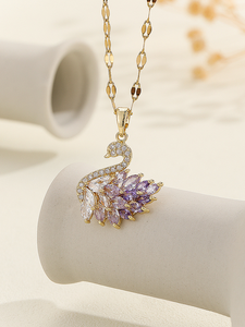 Collar con Colgante de Cisne Rosa Púrpura con Circonitas y Baño de Oro, Elegante y Brillante, Cadena para Clavícula, Joyería de Moda para Mujer - Product Image 1