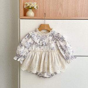 <span class=keywords><strong>Combinaison</strong></span> en coton pour bébé <span class=keywords><strong>fille</strong></span>, style occidental, avec dentelle florale, boutons dissimulés, nouvelle collection printemps-automne - Product Image 4