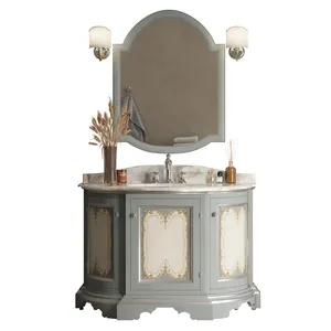 Luxury Product Handmade Decorated Solid Wood Marble Porcelain Mirror Composition For Bathroom