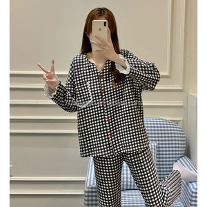 Pyjamas pour femmes, décontractés, printemps automne, doux, imprimé à carreaux, bordure en dentelle, vêtements de nuit amples et respirants, chemises de nuit OEM - Product Image 3