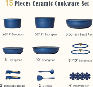 Juego de Utensilios de Cocina Antiadherentes de Cerámica y Granito de 15 Piezas, Personalizado OEM, con Mango Desmontable, Compatible con Gas, Ahorra Espacio - Product Image 2