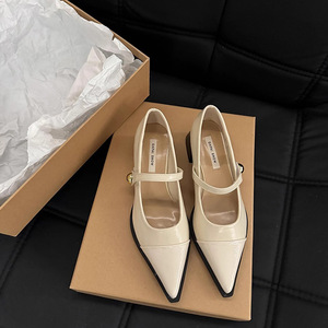Chaussures en cuir à bout pointu pour femmes, nouveau style printemps 2025, talon épais, talon bas, talon haut, style rétro français, Mary Jane simple - Product Image 1