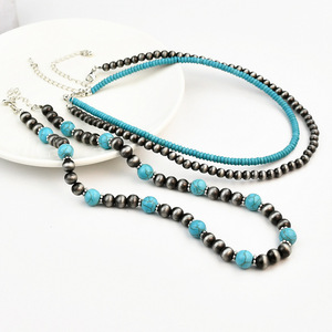 Collier superposé <span class=keywords><strong>en</strong></span> acier inoxydable style Navajo, couleur étain antique et turquoise, ensemble de 3 colliers ras-du-cou haut de gamme <span class=keywords><strong>pour</strong></span> <span class=keywords><strong>femme</strong></span> - Product Image 5