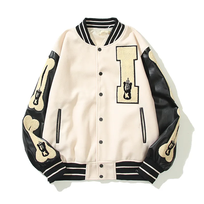 Chaqueta de béisbol de manga de cuero pu para hombre, abrigo de béisbol vintage de lana con costura, toalla de calavera bordada, holgada, de alta calidad