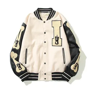 High quality pu leather sleeve stitching wool vintage baseball coat spring skull towel embroidered loose letterman jacket men