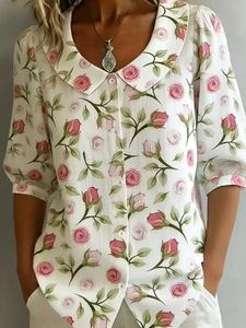 Blus Wanita Vintage Sederhana Motif Bunga Cat Air Kerah Peter Pan Lengan 3/4 Kemeja Kasual Panjang untuk Musim Semi & Musim Panas - Product Image 2