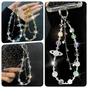 Bracelet de luxe en perles de cristal, chaîne de téléphone étoile Saturne, breloques électroplaquées, perles, breloques pour téléphone portable, dragonne de poignet - Product Image 2