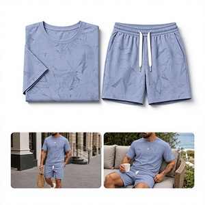 Ensemble short 2 pièces unisexe, col rond, manches courtes, imprimé bleu uni, vêtements décontractés d'été, 95% coton extensible, au-dessus du genou - Product Image 6