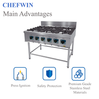 Cuisinière à gaz multifonctionnelle commerciale à 6 brûleurs haute puissance 45 kW en acier inoxydable avec fonctions de grillade et de sautage
