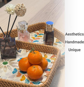 Plateau de rangement <span class=keywords><strong>en</strong></span> rotin incrusté de nacre, base <span class=keywords><strong>en</strong></span> bois, fait main, plateau <span class=keywords><strong>en</strong></span> osier, décoration de table basse, décoration de maison de style côtier, moderne et portable - Product Image 3