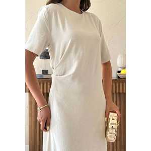 Robe plissée beige à col rond, coupe ample, en tissu tissé respirant, pour usage quotidien, décontractée, taille naturelle - Product Image 2