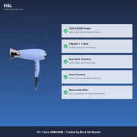 Sèche-cheveux ionique 1800-2200W, moteur DC, 2 vitesses, 3 températures, fonction air froid, concentrateur, diffuseur, lumière LED, OEM ODM