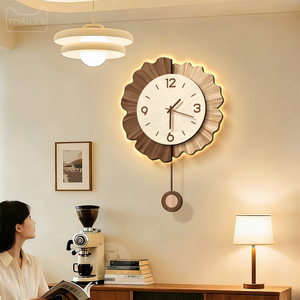 Sunburst Wall <b>Clock</b> Wood Grain Art Pendulum <b>Battery</b> Powered Living Room Decorative <b>Clock</b> Single Face Electronic Movement - Product Image 3