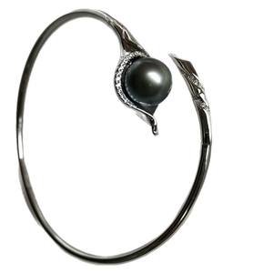 Bracelet élastique en argent S925 avec perle noire de Tahiti de 9-10 mm, bracelets et joncs élégants en perles, idée cadeau - Product Image 5