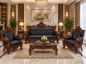 Ensemble de canapés de style européen de luxe en teck Sagwan indien de qualité supérieure, avec un design rétro sculpté à la main et un tissu royal. - Product Image 1