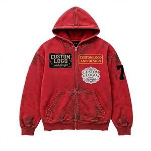 Sweat à capuche personnalisé avec logo rouge en coton délavé pour homme, coupe oversize avec fermeture éclair sur le devant, imprimé, effet vieilli, en coton et polyester, coupe carrée - Product Image 1