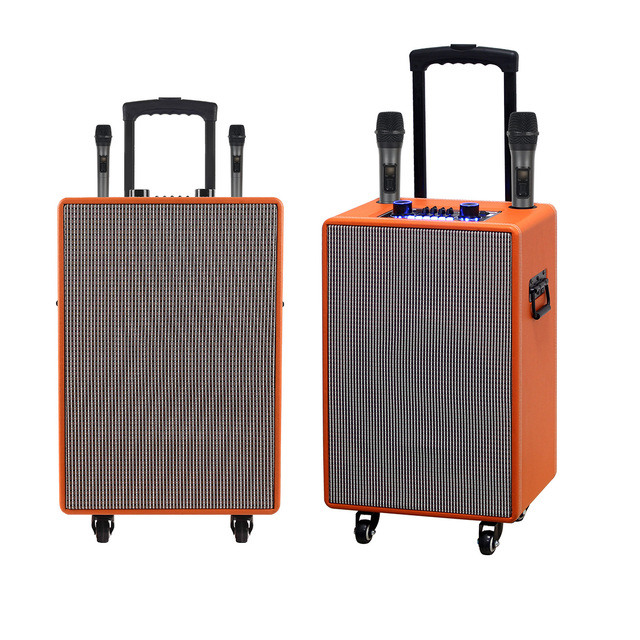 Wireless Microphone Mobile Audio Trolley Speaker High-power  Speaker Outdoor Portable Wooden Leather Trolley Speaker