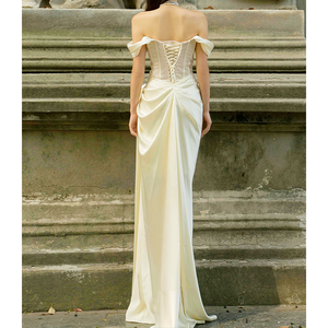 Elegante abito da sera a sirena in raso all'uncinetto con perline bianco dettaglio naturale fino al pavimento per feste femminili per una collina serena - Product Image 3