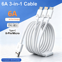 Câble de charge 3-en-1 USB-C vers Micro 8 broches 6A en PVC, charge rapide 66W pour téléphone Android, appareil photo, voiture, HD, 1,2M 1,8M, vente en gros OEM