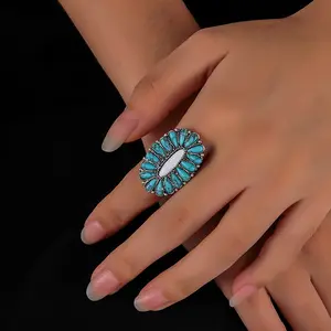 New 925 Silver Retro Color White Jade Turquoise Exaggerated Ring For Women