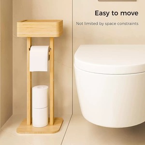 Floor-standing wooden <b>tissue</b> holder with lid, upright phone storage rack, bathroom toilet <b>paper</b> holder with base. - Product Image 2