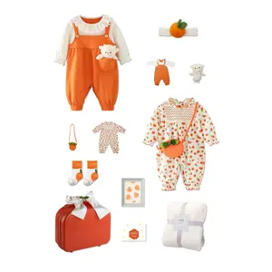 HB Orange Organic Cotton Baby Clothes High Quality Baby Rompers Linen Designers Unisex Baby Gift Set Box For Newborn