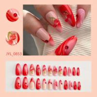 Faux ongles 3D en amande rouge rose ombré avec strass rouges, réutilisables