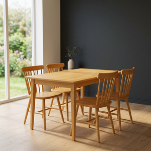 Modern Teak Wood <b>4</b> Seater Dining Table <b>Set</b> with Spindle Back <b>Chairs</b> - Product Image 2