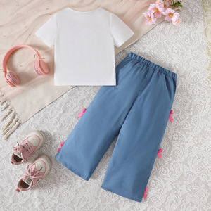 เสื้อยืดโบว์ กางเกงขายาว ชุดลำลองสองชิ้นสำหรับเด็กผู้หญิง ชุดน่ารักสำหรับฤดูร้อน - Product Image 2