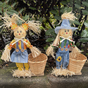 Halloween bambou fleur panier épouvantail chambre Halloween poupée ornements scène file d'attente accessoires panier de rangement - Product Image 1