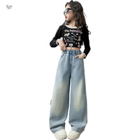 Pantalon en jean élastique taille haute pour enfants, coupe large avec nœud latéral, jean ample décontracté délavé clair pour filles