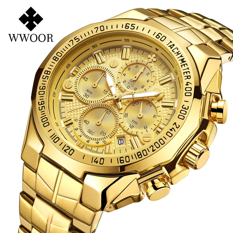 WWOOR 8868 Hommes Chronographe Quartz Montres Sport 30m Étanche Montres-Bracelets Montre De Luxe Or 2020 Alliage Acier Inoxydable Rond