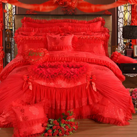 Parure de lit de luxe rouge pour mariage, 10 pièces, broderie en dentelle princesse, couvre-lit de mariée rouge rose avec oreiller cœur et oreiller cylindrique