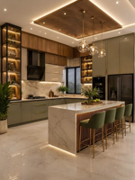 Chambre à coucher moderne de luxe avec rangement, canapé en cuir véritable au design luxueux, lit king size, design d'armoire de cuisine pour villa