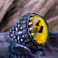 Bague unisexe tendance en alliage fait main avec pierre précieuse, motif abeille incrusté d'agate ovale, motif géométrique – Nouveauté très prisée