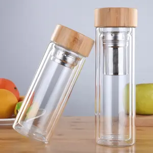 BPA Free Bamboo Lid Reusable Glass Water Bottle with Tea Infuser