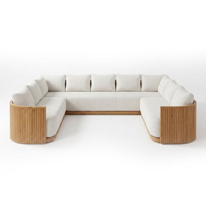 Divano a U in Teak Massiccio YORLLA, Sezionale in Legno Scanalato con Cuscini Bianchi, <span class=keywords><strong>Arredamento</strong></span> da Esterno B2B - Product Image 4