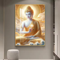 Indian Religious Gold Meditation Chakra Framed Modern Luxury Diamond LED Light Crystal Porcelain Art Wall Decor Painting Buddha